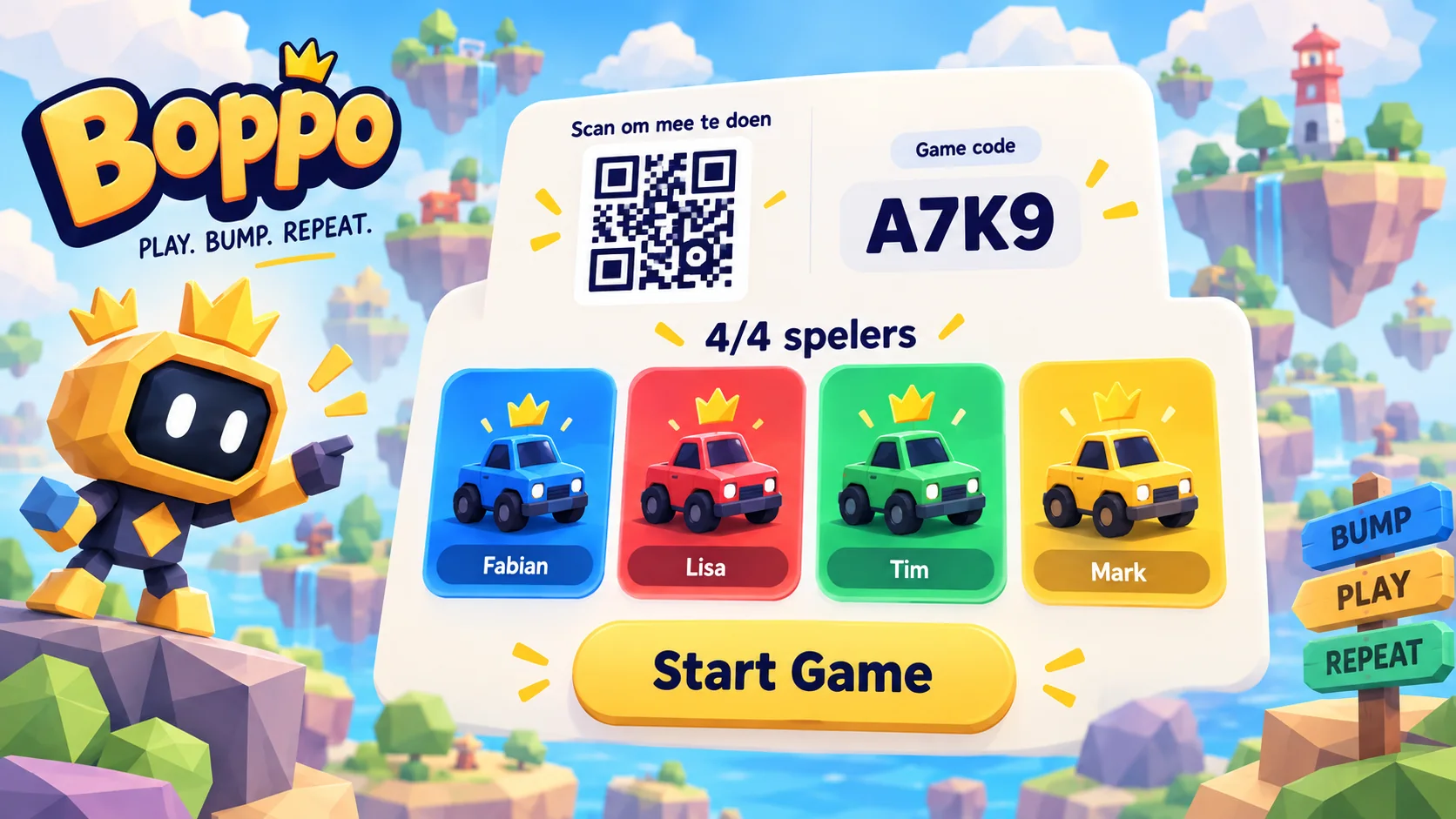 De lobby op de tv: een QR-code, de game code en vier spelerskaarten.